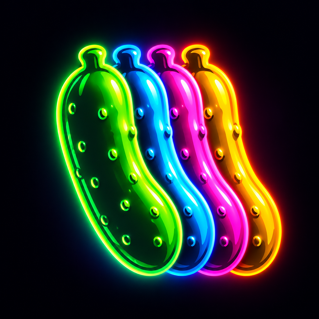 Four overlapping neon pickle silhouettes